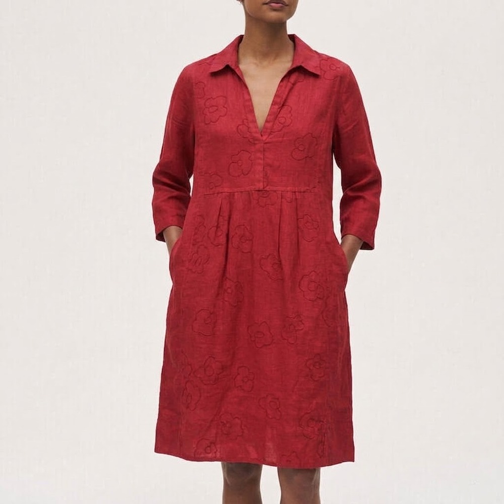 Rosso35 Linen Dress 42 US 6 Red Embroidered Floral Lagenlook Quiet Luxury Euro